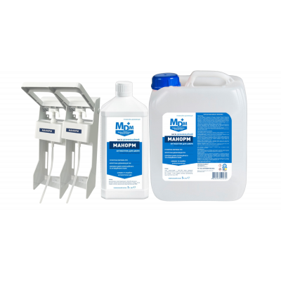 Акція: Антисептик Манорм 1 л + Манорм 5 л + 2 Ліктьових дозатора