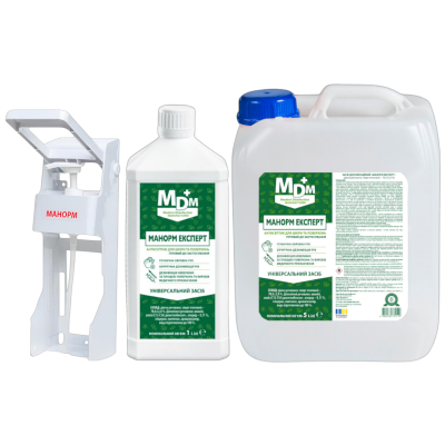 Акція: Засіб дезінфекційний для рук та поверхонь Манорм Експерт 1 л + Ліктьовий дозатор + Манорм Експерт 5 л